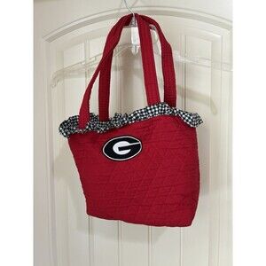 UGA University of Georgia Quilted Plaid Ruffle Trim Patch Tote Bag Football
